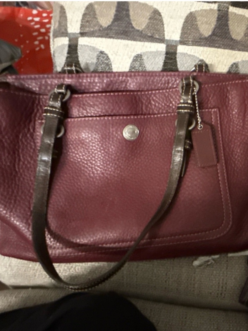 Coach Burgundy Pebbled Leather Shoulder Bag with Dark Brown Straps